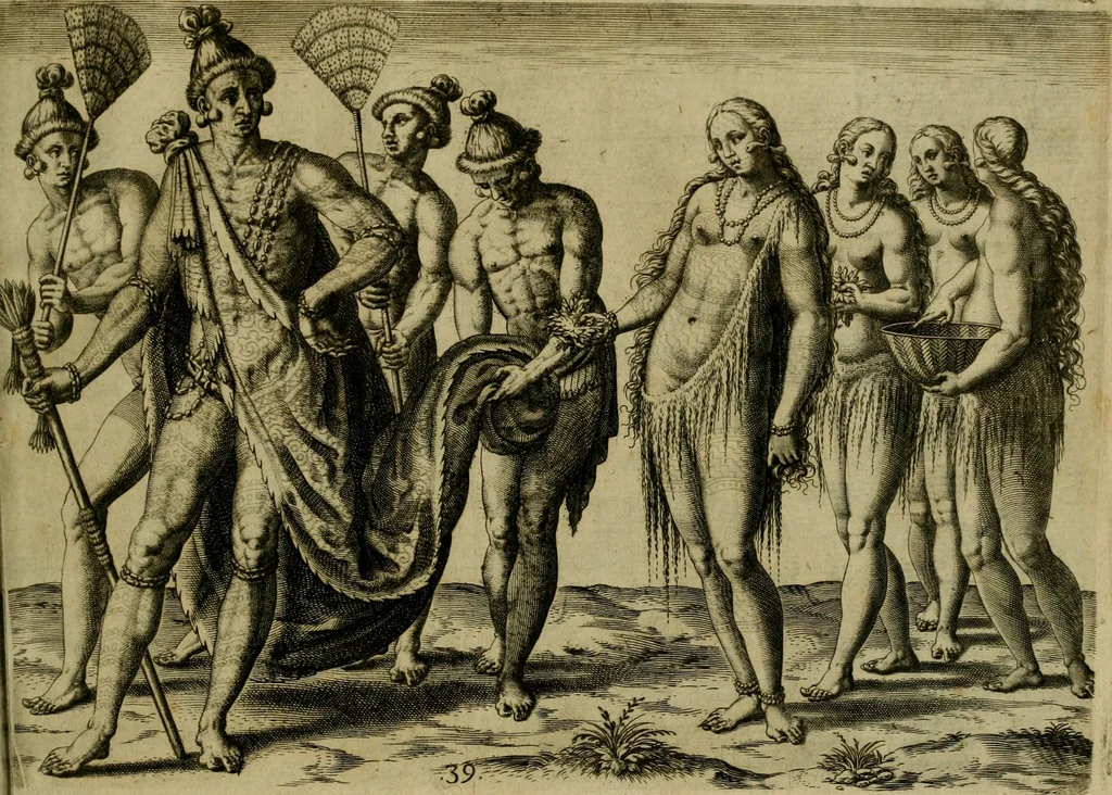 An illustration from Brevis narratio eorvm qvae in Florida Americæ provicia Gallis acciderunt : secunda in illam nauigatione, duce Renato de Laudõniere classis præfecto, anno MDLXIIII, qvae est secvnda pars Americæ : additæ figuræ & incolarum eicones ibidem ad vivu expressæ, brevis item declaratio religionis, rituum, vivendique ratione ipsorum, 1591, leaf 80