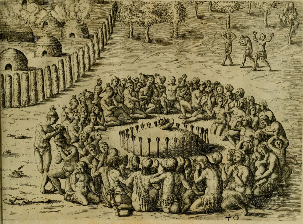 An illustration from Brevis narratio eorvm qvae in Florida Americæ provicia Gallis acciderunt : secunda in illam nauigatione, duce Renato de Laudõniere classis præfecto, anno MDLXIIII, qvae est secvnda pars Americæ : additæ figuræ & incolarum eicones ibidem ad vivu expressæ, brevis item declaratio religionis, rituum, vivendique ratione ipsorum, 1591, leaf 82