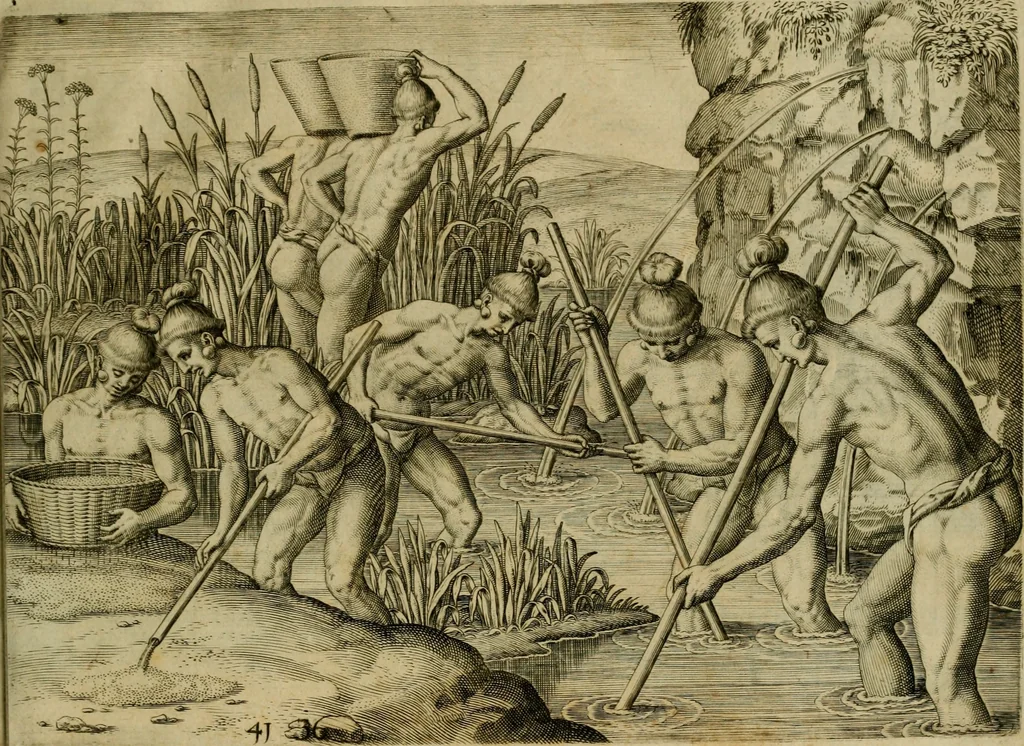 An illustration from Brevis narratio eorvm qvae in Florida Americæ provicia Gallis acciderunt : secunda in illam nauigatione, duce Renato de Laudõniere classis præfecto, anno MDLXIIII, qvae est secvnda pars Americæ : additæ figuræ & incolarum eicones ibidem ad vivu expressæ, brevis item declaratio religionis, rituum, vivendique ratione ipsorum, 1591, leaf 84