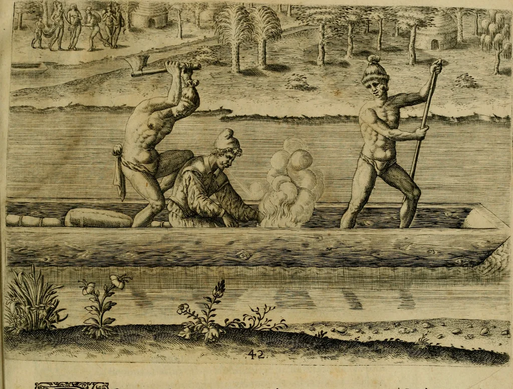 An illustration from Brevis narratio eorvm qvae in Florida Americæ provicia Gallis acciderunt : secunda in illam nauigatione, duce Renato de Laudõniere classis præfecto, anno MDLXIIII, qvae est secvnda pars Americæ : additæ figuræ & incolarum eicones ibidem ad vivu expressæ, brevis item declaratio religionis, rituum, vivendique ratione ipsorum, 1591, leaf 86