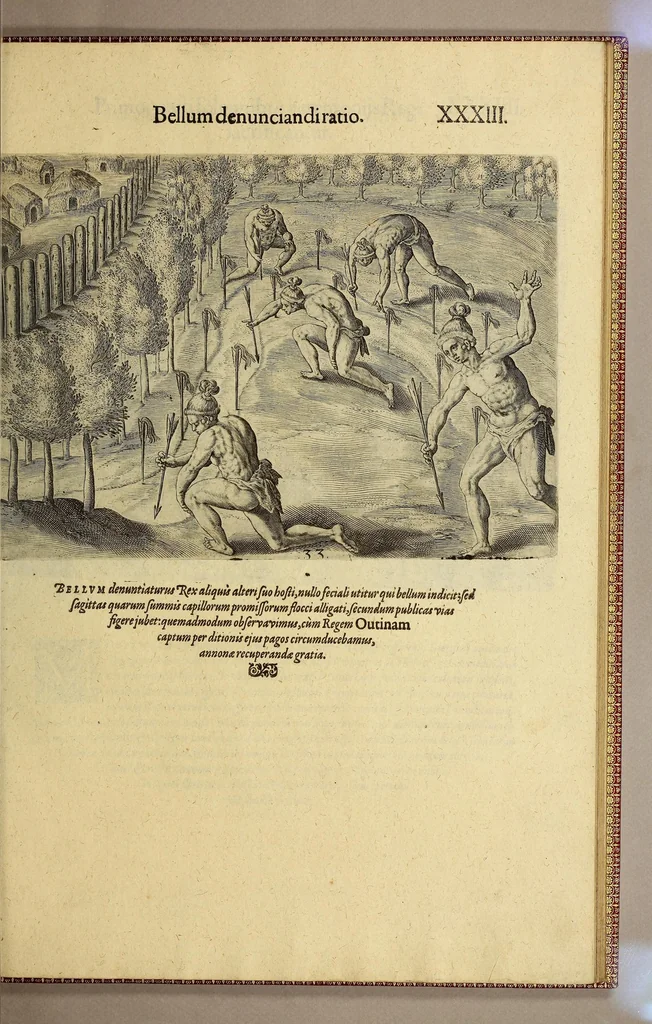 An illustration from Brevis narratio eorum quae in Florida Americae provi[n]cia Gallis acciderunt, : secunda in illam nauigatione, duce Renato de Laudo[n]niere classis praefecto anno M D LXIIII. Quae est secunda pars Americae. Additae figurae et incolarum eicones ibidem ad vivu[m] espressae brevis item declaratio religionis, rituum, vivendique ratione ipsorum., 1609, leaf 127