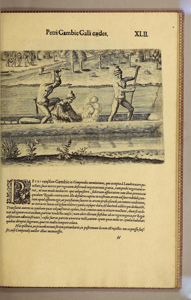 An illustration from Brevis narratio eorum quae in Florida Americae provi[n]cia Gallis acciderunt, : secunda in illam nauigatione, duce Renato de Laudo[n]niere classis praefecto anno M D LXIIII. Quae est secunda pars Americae. Additae figurae et incolarum eicones ibidem ad vivu[m] espressae brevis item declaratio religionis, rituum, vivendique ratione ipsorum., 1609, leaf 145