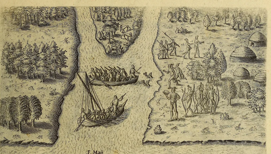 An illustration from Brevis narratio eorum quae in Florida Americae provi[n]cia Gallis acciderunt, : secunda in illam nauigatione, duce Renato de Laudo[n]niere classis praefecto anno M D LXIIII. Quae est secunda pars Americae. Additae figurae et incolarum eicones ibidem ad vivu[m] espressae brevis item declaratio religionis, rituum, vivendique ratione ipsorum., 1609, leaf 65