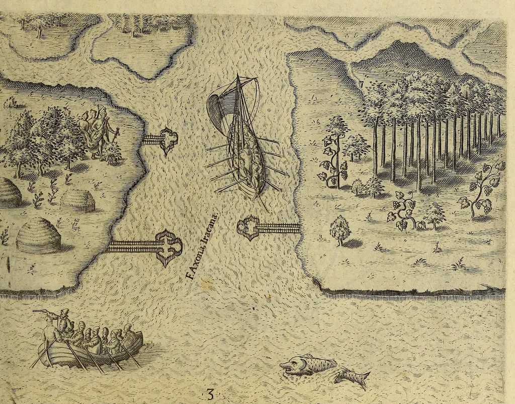 An illustration from Brevis narratio eorum quae in Florida Americae provi[n]cia Gallis acciderunt, : secunda in illam nauigatione, duce Renato de Laudo[n]niere classis praefecto anno M D LXIIII. Quae est secunda pars Americae. Additae figurae et incolarum eicones ibidem ad vivu[m] espressae brevis item declaratio religionis, rituum, vivendique ratione ipsorum., 1609, leaf 67