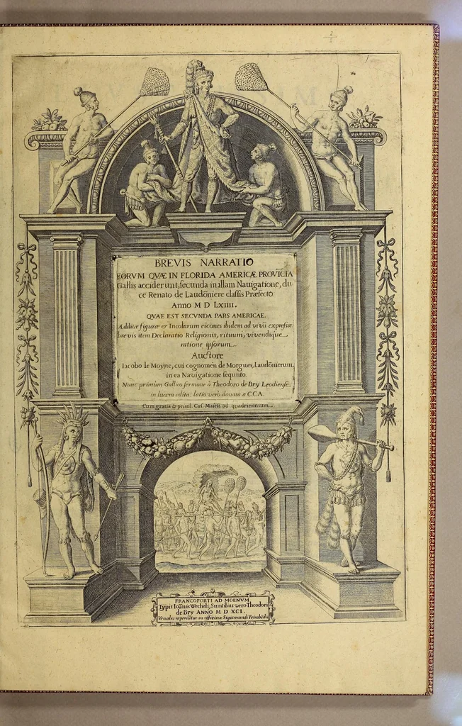An illustration from Brevis narratio eorum quae in Florida Americae provi[n]cia Gallis acciderunt, : secunda in illam nauigatione, duce Renato de Laudo[n]niere classis praefecto anno M D LXIIII. Quae est secunda pars Americae. Additae figurae et incolarum eicones ibidem ad vivu[m] espressae brevis item declaratio religionis, rituum, vivendique ratione ipsorum., 1609, leaf 7