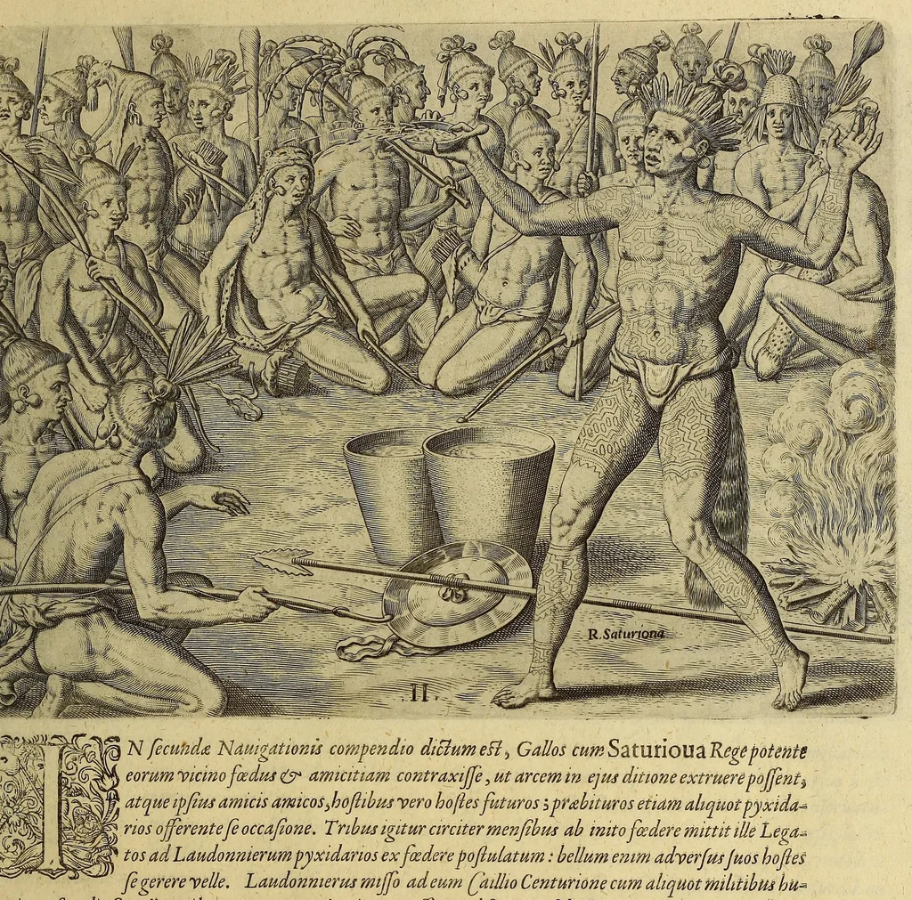 An illustration from Brevis narratio eorum quae in Florida Americae provi[n]cia Gallis acciderunt, : secunda in illam nauigatione, duce Renato de Laudo[n]niere classis praefecto anno M D LXIIII. Quae est secunda pars Americae. Additae figurae et incolarum eicones ibidem ad vivu[m] espressae brevis item declaratio religionis, rituum, vivendique ratione ipsorum., 1609, leaf 83