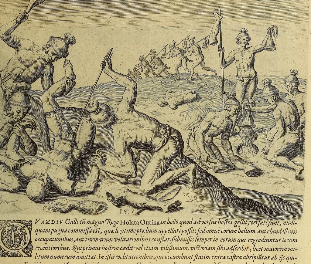 An illustration from Brevis narratio eorum quae in Florida Americae provi[n]cia Gallis acciderunt, : secunda in illam nauigatione, duce Renato de Laudo[n]niere classis praefecto anno M D LXIIII. Quae est secunda pars Americae. Additae figurae et incolarum eicones ibidem ad vivu[m] espressae brevis item declaratio religionis, rituum, vivendique ratione ipsorum., 1609, leaf 91
