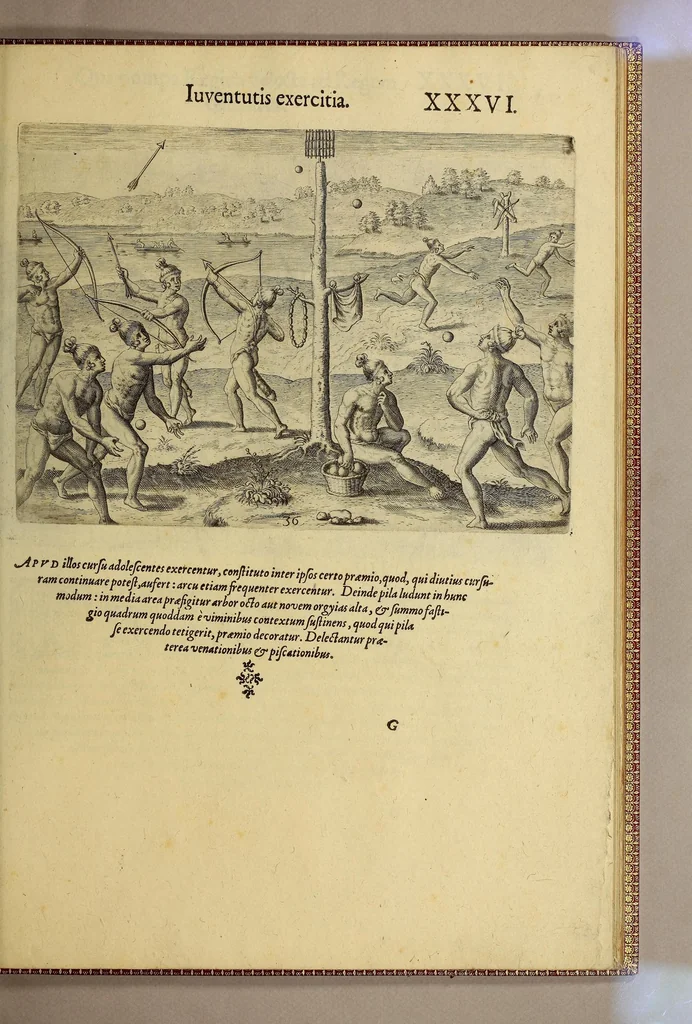 An illustration from Brevis narratio eorum quae in Florida Americae provi[n]cia Gallis acciderunt, : secunda in illam nauigatione, duce Renato de Laudo[n]niere classis praefecto anno M D LXIIII. Quae est secunda pars Americae. Additae figurae et incolarum eicones ibidem ad vivu[m] espressae brevis item declaratio religionis, rituum, vivendique ratione ipsorum., 1591, leaf 137