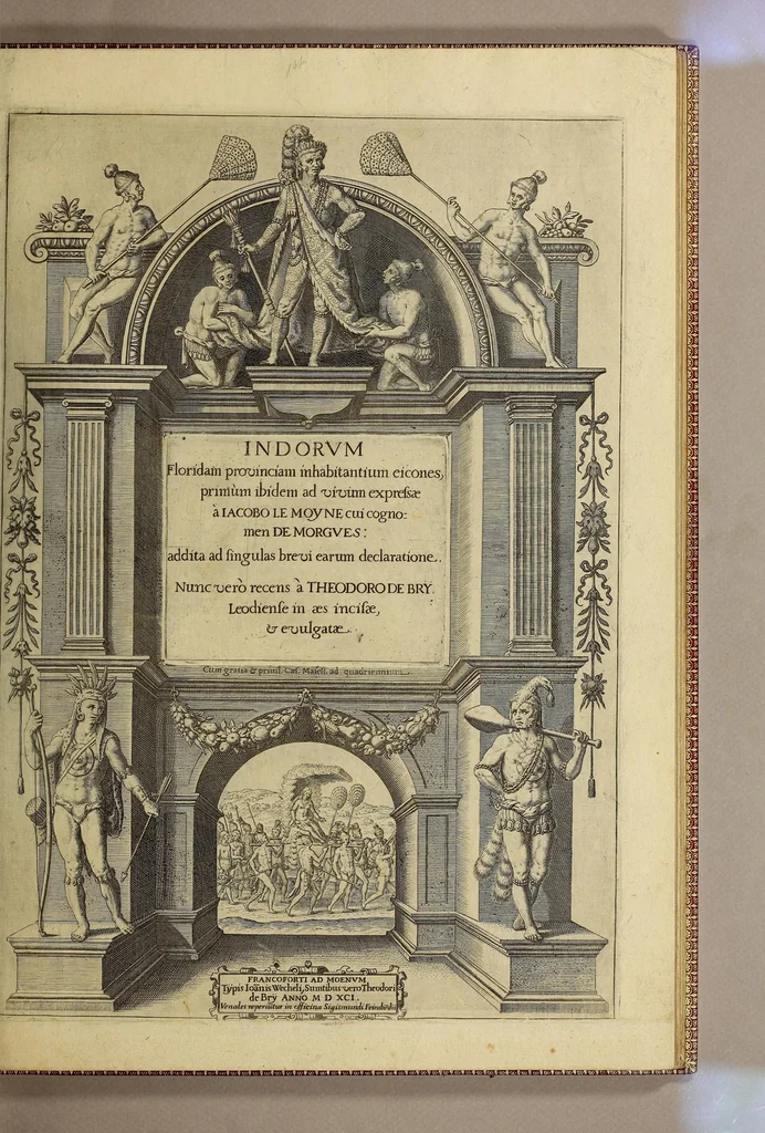 An illustration from Brevis narratio eorum quae in Florida Americae provi[n]cia Gallis acciderunt, : secunda in illam nauigatione, duce Renato de Laudo[n]niere classis praefecto anno M D LXIIII. Quae est secunda pars Americae. Additae figurae et incolarum eicones ibidem ad vivu[m] espressae brevis item declaratio religionis, rituum, vivendique ratione ipsorum., 1591, leaf 55