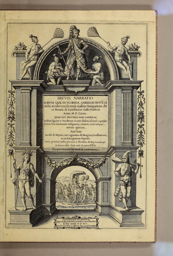 An illustration from Brevis narratio eorum quae in Florida Americae provi[n]cia Gallis acciderunt, : secunda in illam nauigatione, duce Renato de Laudo[n]niere classis praefecto anno M D LXIIII. Quae est secunda pars Americae. Additae figurae et incolarum eicones ibidem ad vivu[m] espressae brevis item declaratio religionis, rituum, vivendique ratione ipsorum., 1591, leaf 7