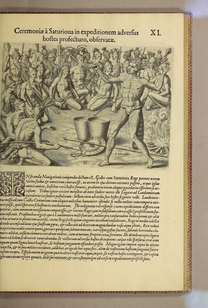 An illustration from Brevis narratio eorum quae in Florida Americae provi[n]cia Gallis acciderunt, : secunda in illam nauigatione, duce Renato de Laudo[n]niere classis praefecto anno M D LXIIII. Quae est secunda pars Americae. Additae figurae et incolarum eicones ibidem ad vivu[m] espressae brevis item declaratio religionis, rituum, vivendique ratione ipsorum., 1591, leaf 79