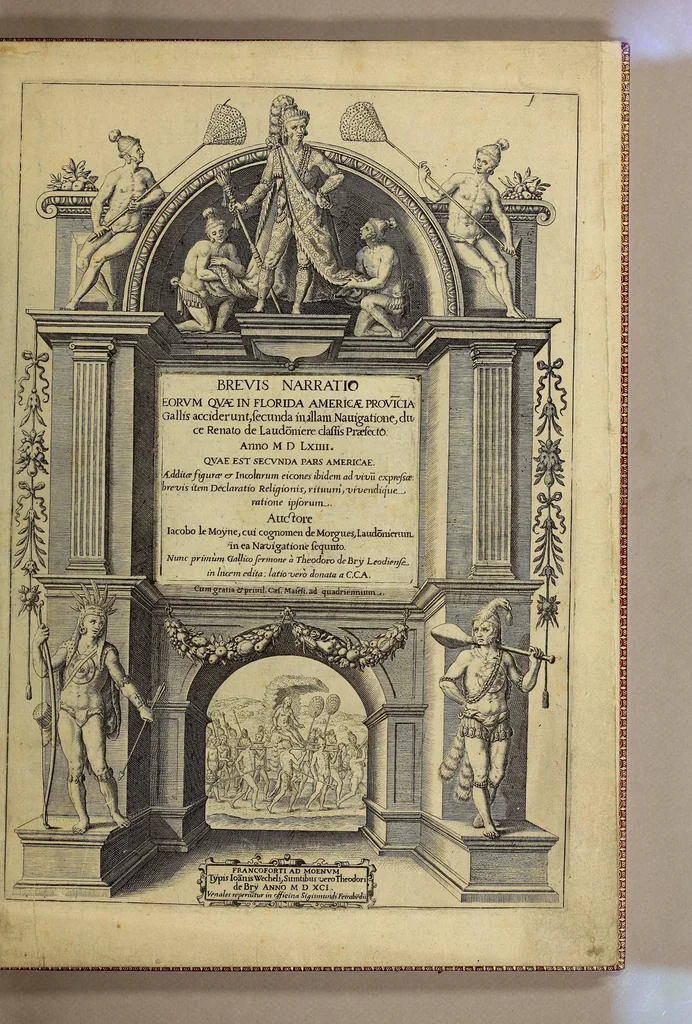 An illustration from Brevis narratio eorum quae in Florida Americae provi[n]cia Gallis acciderunt, : secunda in illam nauigatione, duce Renato de Laudo[n]niere classis praefecto anno M D LXIIII. Quae est secunda pars Americae. Additae figurae et incolarum eicones ibidem ad vivu[m] espressae brevis item declaratio religionis, rituum, vivendique ratione ipsorum., 1591, leaf 9