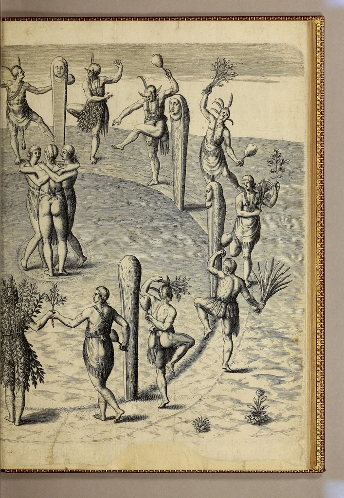 An illustration from A briefe and true report of the new found land of Virginia, : of the commodities and of the nature and manners of the naturall inhabitants. Discouered by the English colony there seated by Sir Richard Greinuile knight in the yeere 1585. Which remained vnder the gouernment of twelue monethes, at the speciall charge and direction of the honourable Sir Walter Raleigh knight lord warden of the stanneries who therein hath beene fauoured and authorised by her maiestie and her letters patents:, 1590, leaf 93
