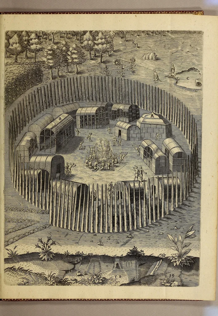 An illustration from A briefe and true report of the new found land of Virginia, : of the commodities and of the nature and manners of the naturall inhabitants. Discouered by the English colony there seated by Sir Richard Greinuile knight in the yeere 1585. Which remained vnder the gouernment of twelue monethes, at the speciall charge and direction of the honourable Sir Walter Raleigh knight lord warden of the stanneries who therein hath beene fauoured and authorised by her maiestie and her letters patents:, 1590, leaf 97