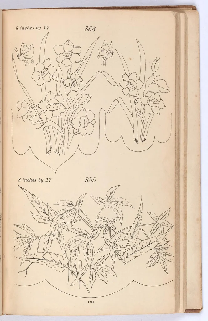 An illustration from Briggs & Co.'s patent transferring papers : protected by Her Most Gracious Majesty's Royal Letters Patent ; a warm iron passed over the backs of these papers transfers the pattern to any fabric, 1883, leaf 110