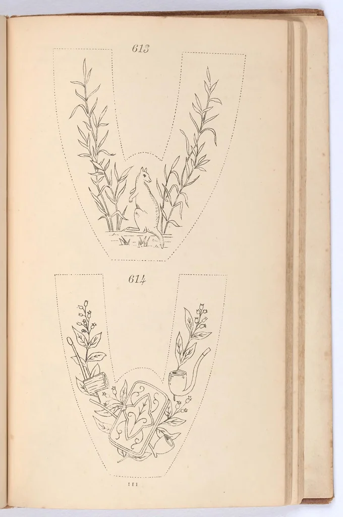 An illustration from Briggs & Co.'s patent transferring papers : protected by Her Most Gracious Majesty's Royal Letters Patent ; a warm iron passed over the backs of these papers transfers the pattern to any fabric, 1883, leaf 120
