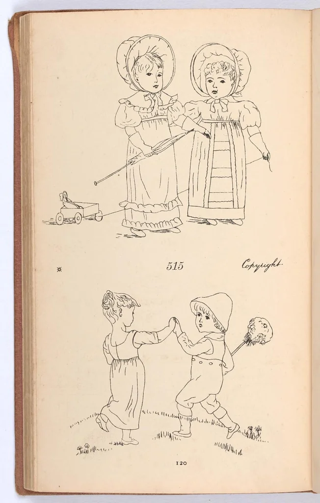 An illustration from Briggs & Co.'s patent transferring papers : protected by Her Most Gracious Majesty's Royal Letters Patent ; a warm iron passed over the backs of these papers transfers the pattern to any fabric, 1883, leaf 129