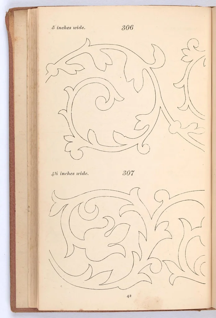 An illustration from Briggs & Co.'s patent transferring papers : protected by Her Most Gracious Majesty's Royal Letters Patent ; a warm iron passed over the backs of these papers transfers the pattern to any fabric, 1883, leaf 51
