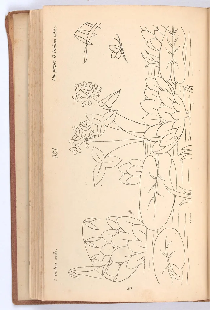 An illustration from Briggs & Co.'s patent transferring papers : protected by Her Most Gracious Majesty's Royal Letters Patent ; a warm iron passed over the backs of these papers transfers the pattern to any fabric, 1883, leaf 59