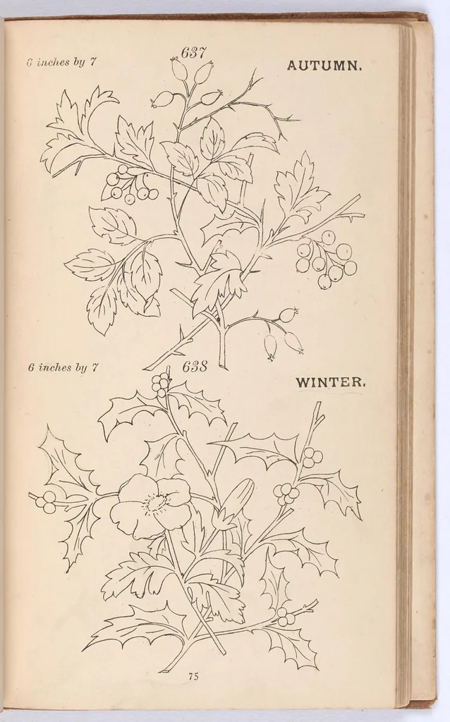 An illustration from Briggs & Co.'s patent transferring papers : protected by Her Most Gracious Majesty's Royal Letters Patent ; a warm iron passed over the backs of these papers transfers the pattern to any fabric, 1883, leaf 84