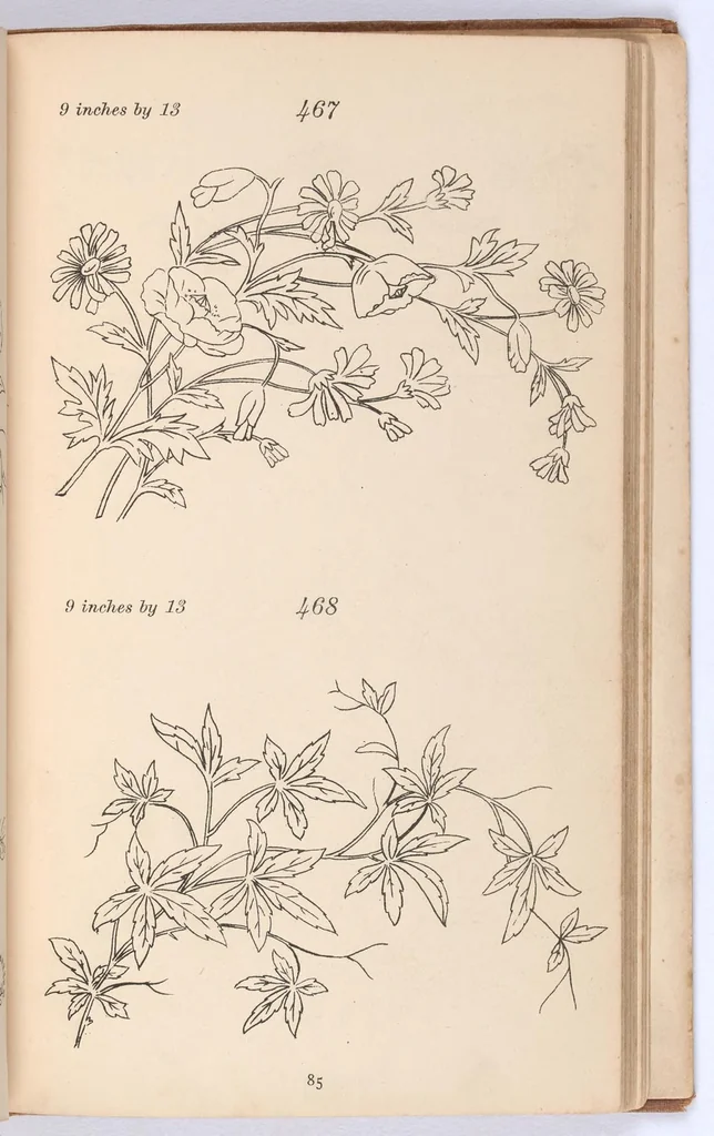An illustration from Briggs & Co.'s patent transferring papers : protected by Her Most Gracious Majesty's Royal Letters Patent ; a warm iron passed over the backs of these papers transfers the pattern to any fabric, 1883, leaf 94