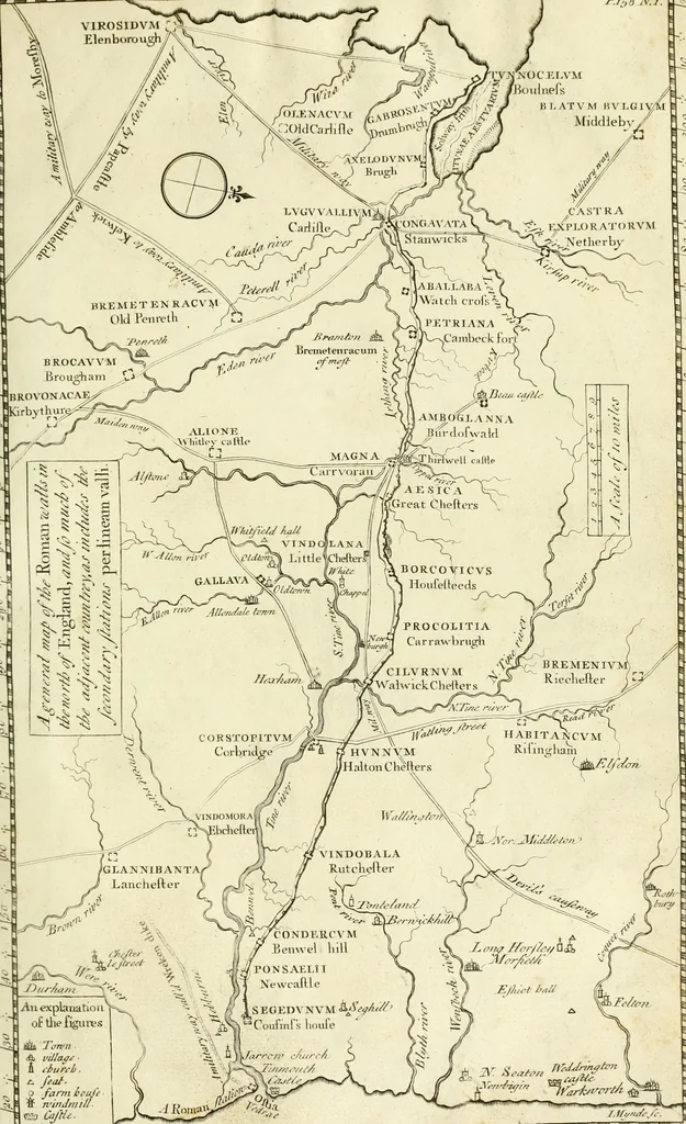 An illustration from Britannia romana: : or, The Roman antiquities of Britain: in three books. I. History of all the Roman transactions in Britain, also description of the Roman walls. II. Collection of the Roman inscriptions and sculptures discovered in Britain. III. The Roman geography of Britain, in which are given the originals of Ptolemy, Antonini Itinerarium, the Notitia, the anonymous Ravennas and Peutinger's table, so far as they relate to this island. To which are added a chronological table, and indexes to the inscriptions and sculptures. Also geographical indexes both of the Latin and English names of the Roman places in Britain, and a general index to the work, 1732, leaf 236