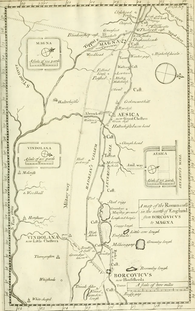 An illustration from Britannia romana: : or, The Roman antiquities of Britain: in three books. I. History of all the Roman transactions in Britain, also description of the Roman walls. II. Collection of the Roman inscriptions and sculptures discovered in Britain. III. The Roman geography of Britain, in which are given the originals of Ptolemy, Antonini Itinerarium, the Notitia, the anonymous Ravennas and Peutinger's table, so far as they relate to this island. To which are added a chronological table, and indexes to the inscriptions and sculptures. Also geographical indexes both of the Latin and English names of the Roman places in Britain, and a general index to the work, 1732, leaf 248