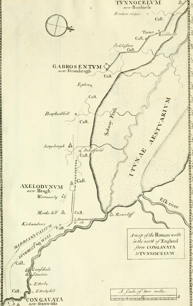 An illustration from Britannia romana: : or, The Roman antiquities of Britain: in three books. I. History of all the Roman transactions in Britain, also description of the Roman walls. II. Collection of the Roman inscriptions and sculptures discovered in Britain. III. The Roman geography of Britain, in which are given the originals of Ptolemy, Antonini Itinerarium, the Notitia, the anonymous Ravennas and Peutinger's table, so far as they relate to this island. To which are added a chronological table, and indexes to the inscriptions and sculptures. Also geographical indexes both of the Latin and English names of the Roman places in Britain, and a general index to the work, 1732, leaf 254