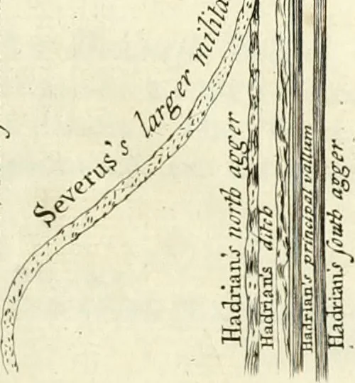 An illustration from Britannia romana: : or, The Roman antiquities of Britain: in three books. I. History of all the Roman transactions in Britain, also description of the Roman walls. II. Collection of the Roman inscriptions and sculptures discovered in Britain. III. The Roman geography of Britain, in which are given the originals of Ptolemy, Antonini Itinerarium, the Notitia, the anonymous Ravennas and Peutinger's table, so far as they relate to this island. To which are added a chronological table, and indexes to the inscriptions and sculptures. Also geographical indexes both of the Latin and English names of the Roman places in Britain, and a general index to the work, 1732, leaf 256
