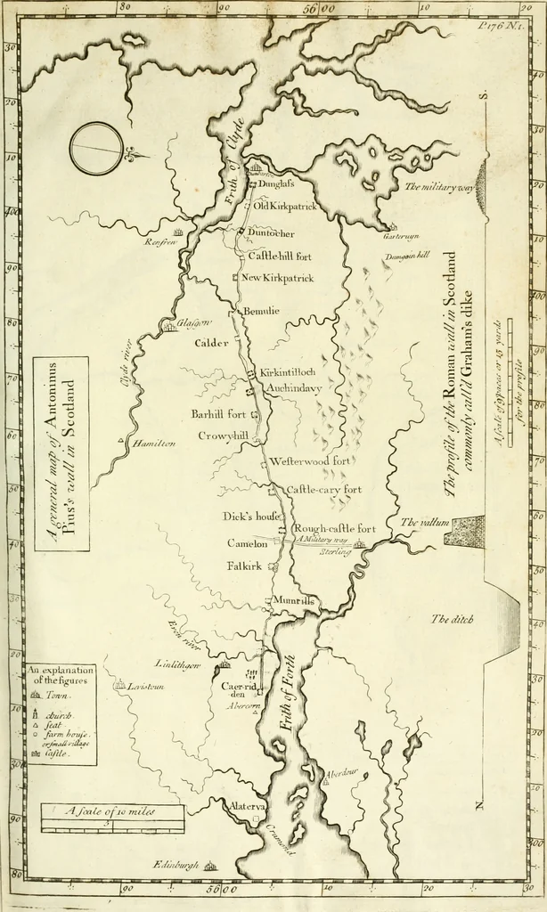 An illustration from Britannia romana: : or, The Roman antiquities of Britain: in three books. I. History of all the Roman transactions in Britain, also description of the Roman walls. II. Collection of the Roman inscriptions and sculptures discovered in Britain. III. The Roman geography of Britain, in which are given the originals of Ptolemy, Antonini Itinerarium, the Notitia, the anonymous Ravennas and Peutinger's table, so far as they relate to this island. To which are added a chronological table, and indexes to the inscriptions and sculptures. Also geographical indexes both of the Latin and English names of the Roman places in Britain, and a general index to the work, 1732, leaf 278