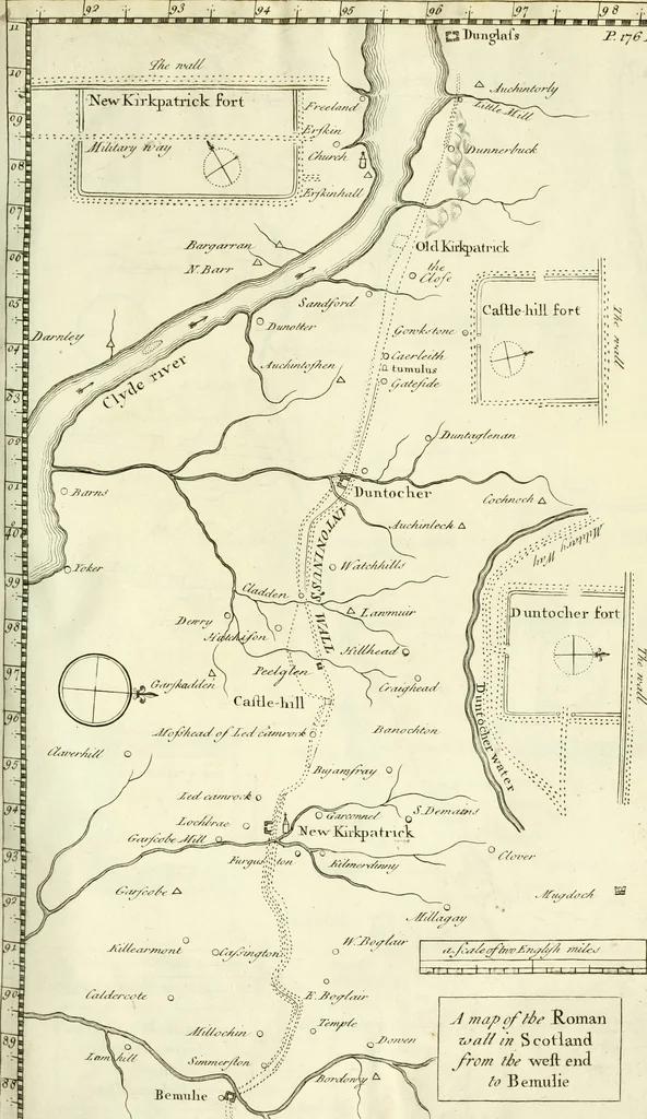 An illustration from Britannia romana: : or, The Roman antiquities of Britain: in three books. I. History of all the Roman transactions in Britain, also description of the Roman walls. II. Collection of the Roman inscriptions and sculptures discovered in Britain. III. The Roman geography of Britain, in which are given the originals of Ptolemy, Antonini Itinerarium, the Notitia, the anonymous Ravennas and Peutinger's table, so far as they relate to this island. To which are added a chronological table, and indexes to the inscriptions and sculptures. Also geographical indexes both of the Latin and English names of the Roman places in Britain, and a general index to the work, 1732, leaf 280