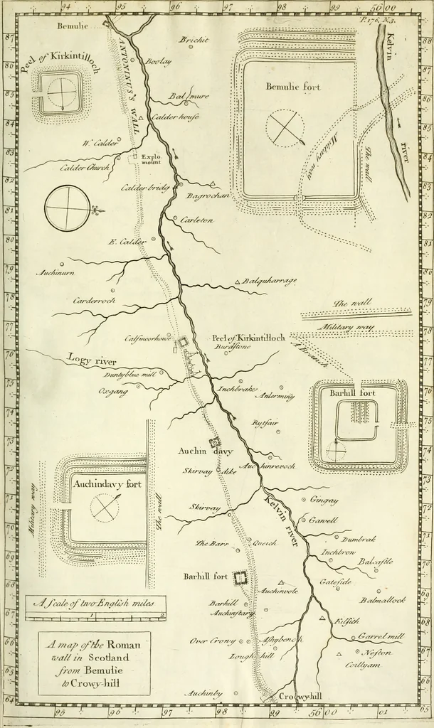An illustration from Britannia romana: : or, The Roman antiquities of Britain: in three books. I. History of all the Roman transactions in Britain, also description of the Roman walls. II. Collection of the Roman inscriptions and sculptures discovered in Britain. III. The Roman geography of Britain, in which are given the originals of Ptolemy, Antonini Itinerarium, the Notitia, the anonymous Ravennas and Peutinger's table, so far as they relate to this island. To which are added a chronological table, and indexes to the inscriptions and sculptures. Also geographical indexes both of the Latin and English names of the Roman places in Britain, and a general index to the work, 1732, leaf 282