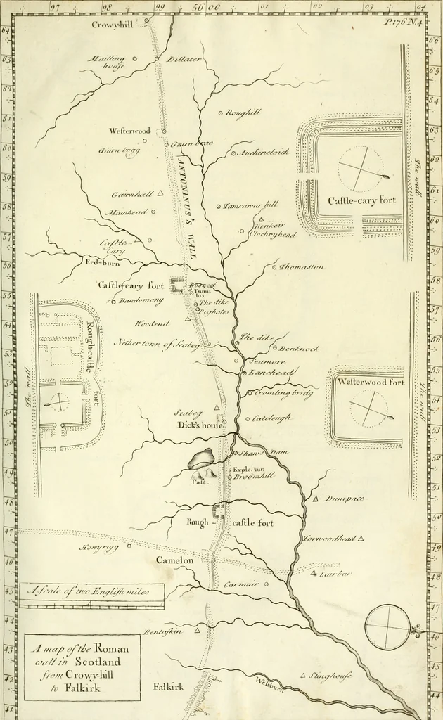 An illustration from Britannia romana: : or, The Roman antiquities of Britain: in three books. I. History of all the Roman transactions in Britain, also description of the Roman walls. II. Collection of the Roman inscriptions and sculptures discovered in Britain. III. The Roman geography of Britain, in which are given the originals of Ptolemy, Antonini Itinerarium, the Notitia, the anonymous Ravennas and Peutinger's table, so far as they relate to this island. To which are added a chronological table, and indexes to the inscriptions and sculptures. Also geographical indexes both of the Latin and English names of the Roman places in Britain, and a general index to the work, 1732, leaf 284