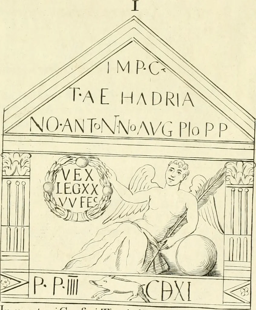 An illustration from Britannia romana: : or, The Roman antiquities of Britain: in three books. I. History of all the Roman transactions in Britain, also description of the Roman walls. II. Collection of the Roman inscriptions and sculptures discovered in Britain. III. The Roman geography of Britain, in which are given the originals of Ptolemy, Antonini Itinerarium, the Notitia, the anonymous Ravennas and Peutinger's table, so far as they relate to this island. To which are added a chronological table, and indexes to the inscriptions and sculptures. Also geographical indexes both of the Latin and English names of the Roman places in Britain, and a general index to the work, 1732, leaf 314