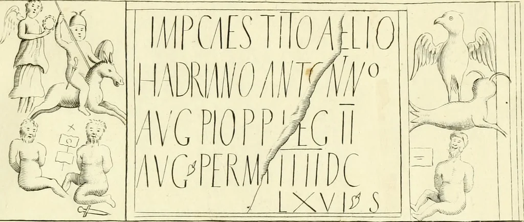 An illustration from Britannia romana: : or, The Roman antiquities of Britain: in three books. I. History of all the Roman transactions in Britain, also description of the Roman walls. II. Collection of the Roman inscriptions and sculptures discovered in Britain. III. The Roman geography of Britain, in which are given the originals of Ptolemy, Antonini Itinerarium, the Notitia, the anonymous Ravennas and Peutinger's table, so far as they relate to this island. To which are added a chronological table, and indexes to the inscriptions and sculptures. Also geographical indexes both of the Latin and English names of the Roman places in Britain, and a general index to the work, 1732, leaf 318