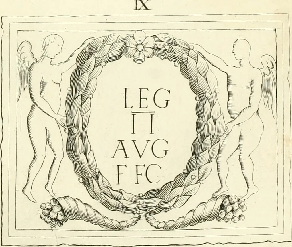 An illustration from Britannia romana: : or, The Roman antiquities of Britain: in three books. I. History of all the Roman transactions in Britain, also description of the Roman walls. II. Collection of the Roman inscriptions and sculptures discovered in Britain. III. The Roman geography of Britain, in which are given the originals of Ptolemy, Antonini Itinerarium, the Notitia, the anonymous Ravennas and Peutinger's table, so far as they relate to this island. To which are added a chronological table, and indexes to the inscriptions and sculptures. Also geographical indexes both of the Latin and English names of the Roman places in Britain, and a general index to the work, 1732, leaf 322