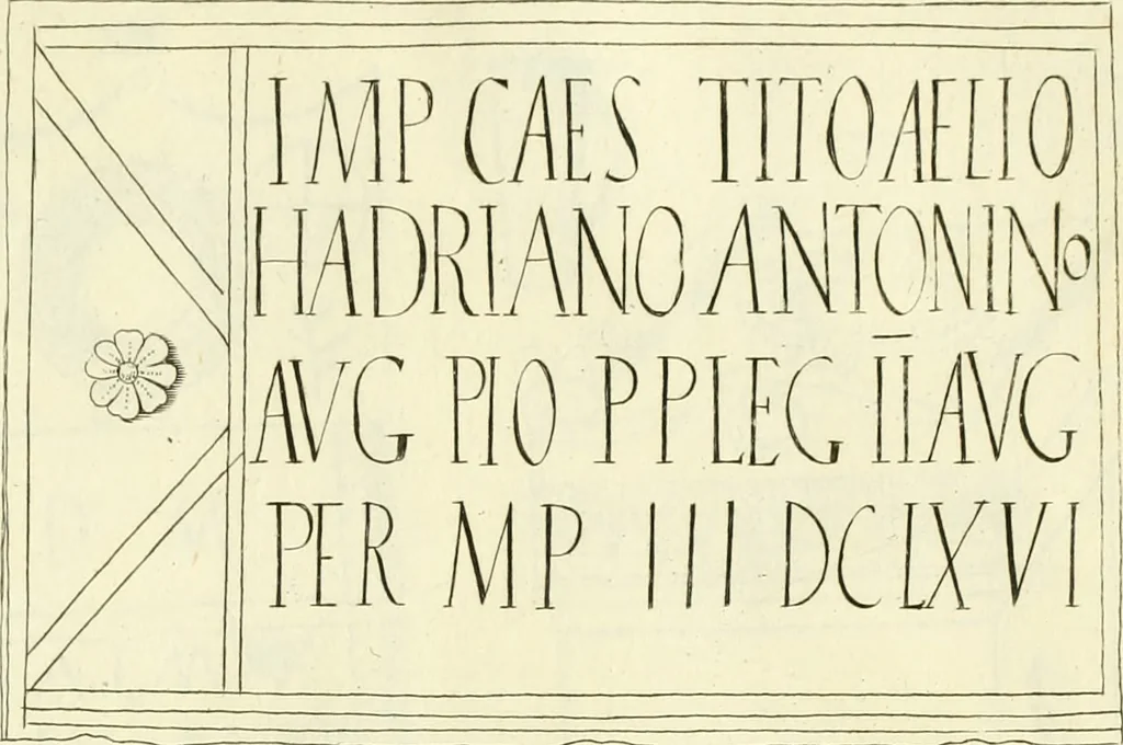 An illustration from Britannia romana: : or, The Roman antiquities of Britain: in three books. I. History of all the Roman transactions in Britain, also description of the Roman walls. II. Collection of the Roman inscriptions and sculptures discovered in Britain. III. The Roman geography of Britain, in which are given the originals of Ptolemy, Antonini Itinerarium, the Notitia, the anonymous Ravennas and Peutinger's table, so far as they relate to this island. To which are added a chronological table, and indexes to the inscriptions and sculptures. Also geographical indexes both of the Latin and English names of the Roman places in Britain, and a general index to the work, 1732, leaf 326