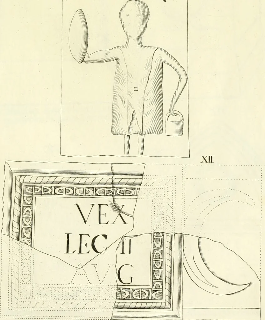 An illustration from Britannia romana: : or, The Roman antiquities of Britain: in three books. I. History of all the Roman transactions in Britain, also description of the Roman walls. II. Collection of the Roman inscriptions and sculptures discovered in Britain. III. The Roman geography of Britain, in which are given the originals of Ptolemy, Antonini Itinerarium, the Notitia, the anonymous Ravennas and Peutinger's table, so far as they relate to this island. To which are added a chronological table, and indexes to the inscriptions and sculptures. Also geographical indexes both of the Latin and English names of the Roman places in Britain, and a general index to the work, 1732, leaf 326