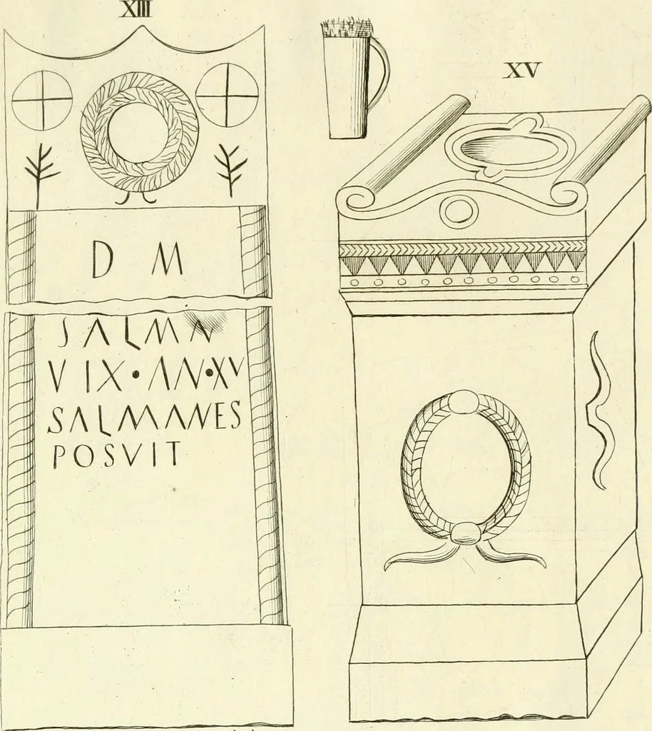 An illustration from Britannia romana: : or, The Roman antiquities of Britain: in three books. I. History of all the Roman transactions in Britain, also description of the Roman walls. II. Collection of the Roman inscriptions and sculptures discovered in Britain. III. The Roman geography of Britain, in which are given the originals of Ptolemy, Antonini Itinerarium, the Notitia, the anonymous Ravennas and Peutinger's table, so far as they relate to this island. To which are added a chronological table, and indexes to the inscriptions and sculptures. Also geographical indexes both of the Latin and English names of the Roman places in Britain, and a general index to the work, 1732, leaf 328
