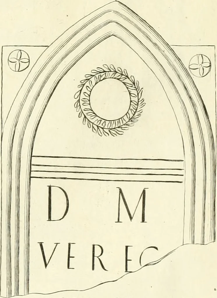 An illustration from Britannia romana: : or, The Roman antiquities of Britain: in three books. I. History of all the Roman transactions in Britain, also description of the Roman walls. II. Collection of the Roman inscriptions and sculptures discovered in Britain. III. The Roman geography of Britain, in which are given the originals of Ptolemy, Antonini Itinerarium, the Notitia, the anonymous Ravennas and Peutinger's table, so far as they relate to this island. To which are added a chronological table, and indexes to the inscriptions and sculptures. Also geographical indexes both of the Latin and English names of the Roman places in Britain, and a general index to the work, 1732, leaf 328