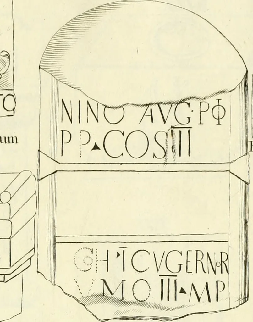An illustration from Britannia romana: : or, The Roman antiquities of Britain: in three books. I. History of all the Roman transactions in Britain, also description of the Roman walls. II. Collection of the Roman inscriptions and sculptures discovered in Britain. III. The Roman geography of Britain, in which are given the originals of Ptolemy, Antonini Itinerarium, the Notitia, the anonymous Ravennas and Peutinger's table, so far as they relate to this island. To which are added a chronological table, and indexes to the inscriptions and sculptures. Also geographical indexes both of the Latin and English names of the Roman places in Britain, and a general index to the work, 1732, leaf 332