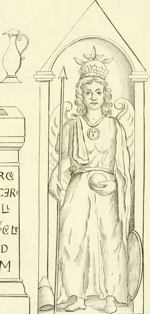 An illustration from Britannia romana: : or, The Roman antiquities of Britain: in three books. I. History of all the Roman transactions in Britain, also description of the Roman walls. II. Collection of the Roman inscriptions and sculptures discovered in Britain. III. The Roman geography of Britain, in which are given the originals of Ptolemy, Antonini Itinerarium, the Notitia, the anonymous Ravennas and Peutinger's table, so far as they relate to this island. To which are added a chronological table, and indexes to the inscriptions and sculptures. Also geographical indexes both of the Latin and English names of the Roman places in Britain, and a general index to the work, 1732, leaf 340