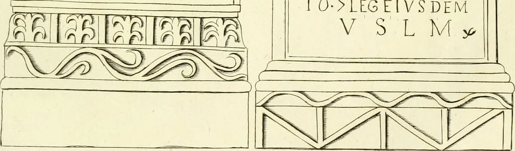 An illustration from Britannia romana: : or, The Roman antiquities of Britain: in three books. I. History of all the Roman transactions in Britain, also description of the Roman walls. II. Collection of the Roman inscriptions and sculptures discovered in Britain. III. The Roman geography of Britain, in which are given the originals of Ptolemy, Antonini Itinerarium, the Notitia, the anonymous Ravennas and Peutinger's table, so far as they relate to this island. To which are added a chronological table, and indexes to the inscriptions and sculptures. Also geographical indexes both of the Latin and English names of the Roman places in Britain, and a general index to the work, 1732, leaf 342