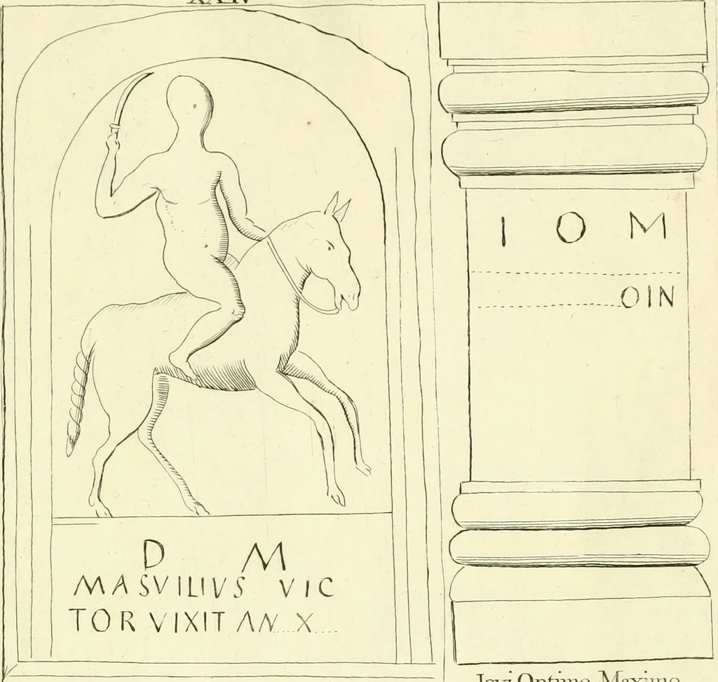 An illustration from Britannia romana: : or, The Roman antiquities of Britain: in three books. I. History of all the Roman transactions in Britain, also description of the Roman walls. II. Collection of the Roman inscriptions and sculptures discovered in Britain. III. The Roman geography of Britain, in which are given the originals of Ptolemy, Antonini Itinerarium, the Notitia, the anonymous Ravennas and Peutinger's table, so far as they relate to this island. To which are added a chronological table, and indexes to the inscriptions and sculptures. Also geographical indexes both of the Latin and English names of the Roman places in Britain, and a general index to the work, 1732, leaf 354