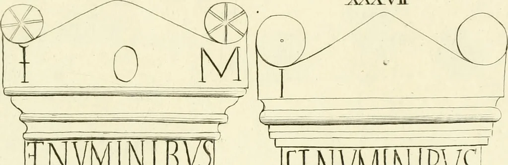 An illustration from Britannia romana: : or, The Roman antiquities of Britain: in three books. I. History of all the Roman transactions in Britain, also description of the Roman walls. II. Collection of the Roman inscriptions and sculptures discovered in Britain. III. The Roman geography of Britain, in which are given the originals of Ptolemy, Antonini Itinerarium, the Notitia, the anonymous Ravennas and Peutinger's table, so far as they relate to this island. To which are added a chronological table, and indexes to the inscriptions and sculptures. Also geographical indexes both of the Latin and English names of the Roman places in Britain, and a general index to the work, 1732, leaf 360