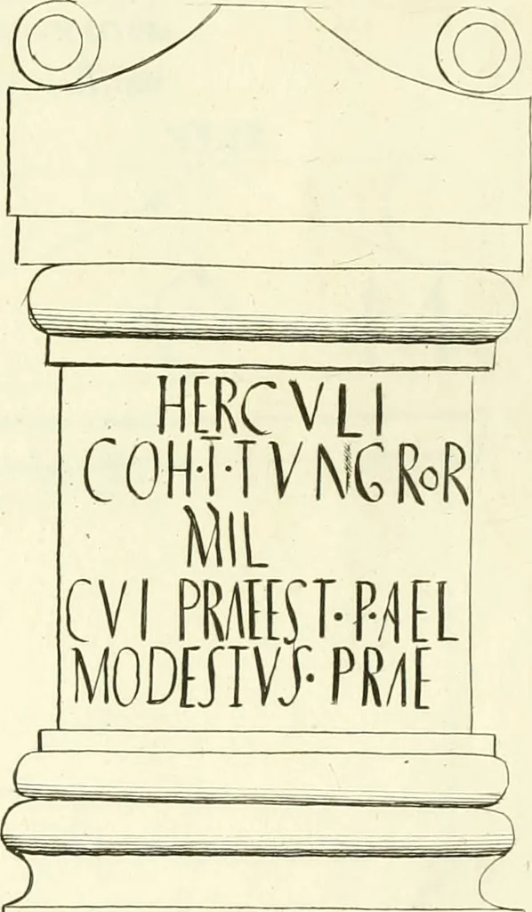 An illustration from Britannia romana: : or, The Roman antiquities of Britain: in three books. I. History of all the Roman transactions in Britain, also description of the Roman walls. II. Collection of the Roman inscriptions and sculptures discovered in Britain. III. The Roman geography of Britain, in which are given the originals of Ptolemy, Antonini Itinerarium, the Notitia, the anonymous Ravennas and Peutinger's table, so far as they relate to this island. To which are added a chronological table, and indexes to the inscriptions and sculptures. Also geographical indexes both of the Latin and English names of the Roman places in Britain, and a general index to the work, 1732, leaf 366
