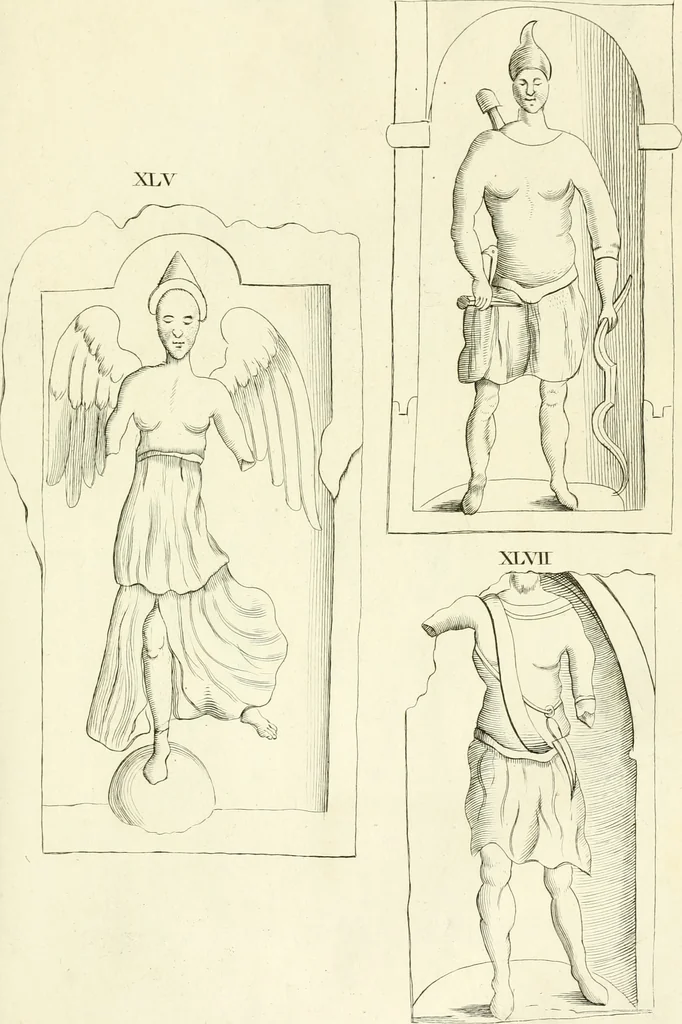 An illustration from Britannia romana: : or, The Roman antiquities of Britain: in three books. I. History of all the Roman transactions in Britain, also description of the Roman walls. II. Collection of the Roman inscriptions and sculptures discovered in Britain. III. The Roman geography of Britain, in which are given the originals of Ptolemy, Antonini Itinerarium, the Notitia, the anonymous Ravennas and Peutinger's table, so far as they relate to this island. To which are added a chronological table, and indexes to the inscriptions and sculptures. Also geographical indexes both of the Latin and English names of the Roman places in Britain, and a general index to the work, 1732, leaf 370