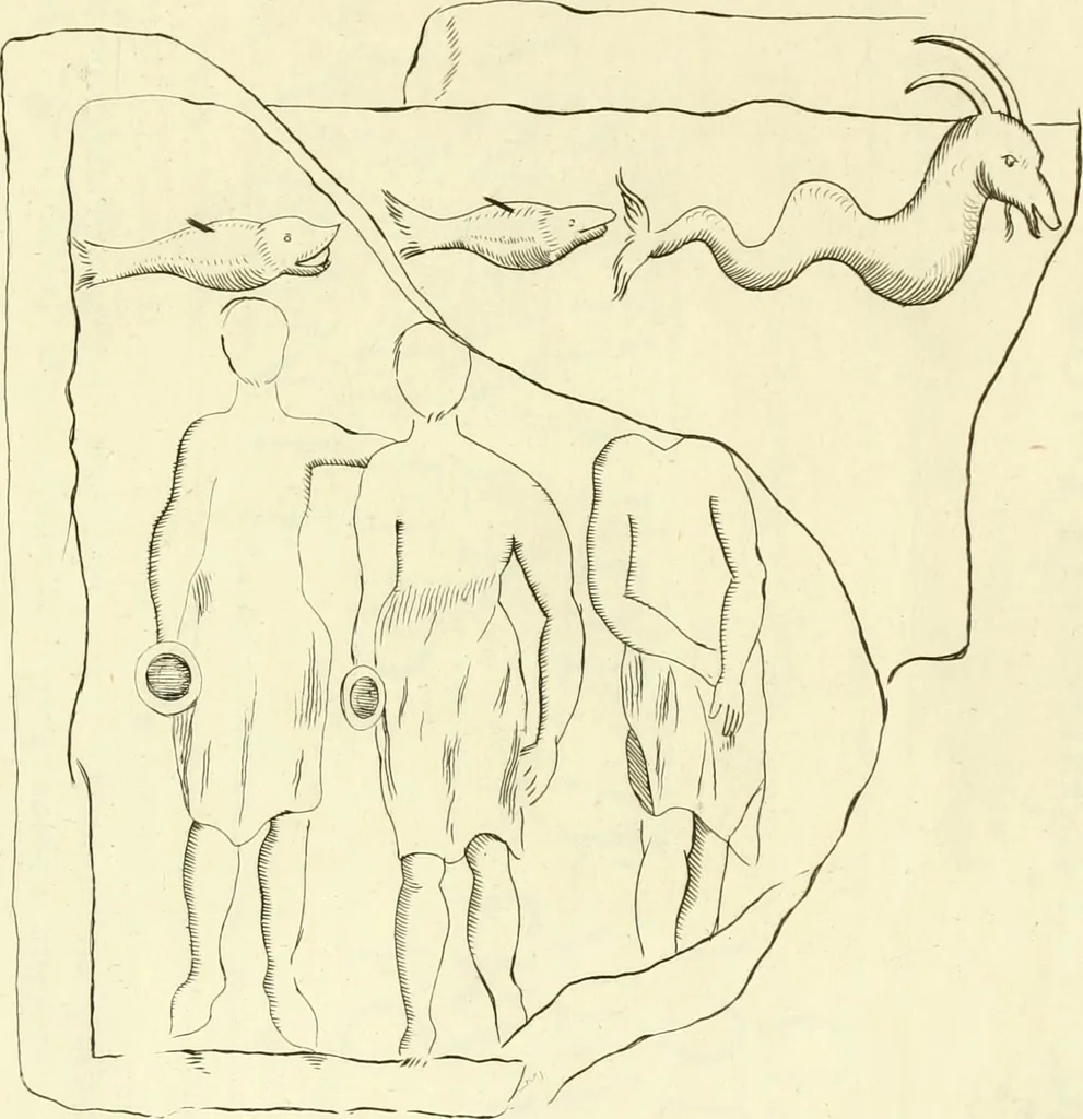 An illustration from Britannia romana: : or, The Roman antiquities of Britain: in three books. I. History of all the Roman transactions in Britain, also description of the Roman walls. II. Collection of the Roman inscriptions and sculptures discovered in Britain. III. The Roman geography of Britain, in which are given the originals of Ptolemy, Antonini Itinerarium, the Notitia, the anonymous Ravennas and Peutinger's table, so far as they relate to this island. To which are added a chronological table, and indexes to the inscriptions and sculptures. Also geographical indexes both of the Latin and English names of the Roman places in Britain, and a general index to the work, 1732, leaf 378