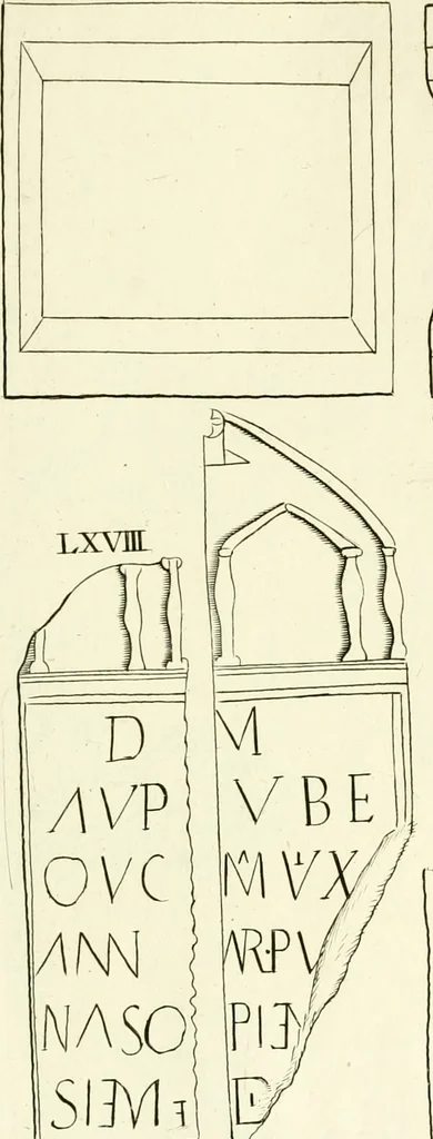 An illustration from Britannia romana: : or, The Roman antiquities of Britain: in three books. I. History of all the Roman transactions in Britain, also description of the Roman walls. II. Collection of the Roman inscriptions and sculptures discovered in Britain. III. The Roman geography of Britain, in which are given the originals of Ptolemy, Antonini Itinerarium, the Notitia, the anonymous Ravennas and Peutinger's table, so far as they relate to this island. To which are added a chronological table, and indexes to the inscriptions and sculptures. Also geographical indexes both of the Latin and English names of the Roman places in Britain, and a general index to the work, 1732, leaf 390