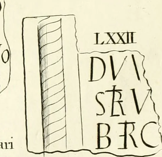 An illustration from Britannia romana: : or, The Roman antiquities of Britain: in three books. I. History of all the Roman transactions in Britain, also description of the Roman walls. II. Collection of the Roman inscriptions and sculptures discovered in Britain. III. The Roman geography of Britain, in which are given the originals of Ptolemy, Antonini Itinerarium, the Notitia, the anonymous Ravennas and Peutinger's table, so far as they relate to this island. To which are added a chronological table, and indexes to the inscriptions and sculptures. Also geographical indexes both of the Latin and English names of the Roman places in Britain, and a general index to the work, 1732, leaf 390